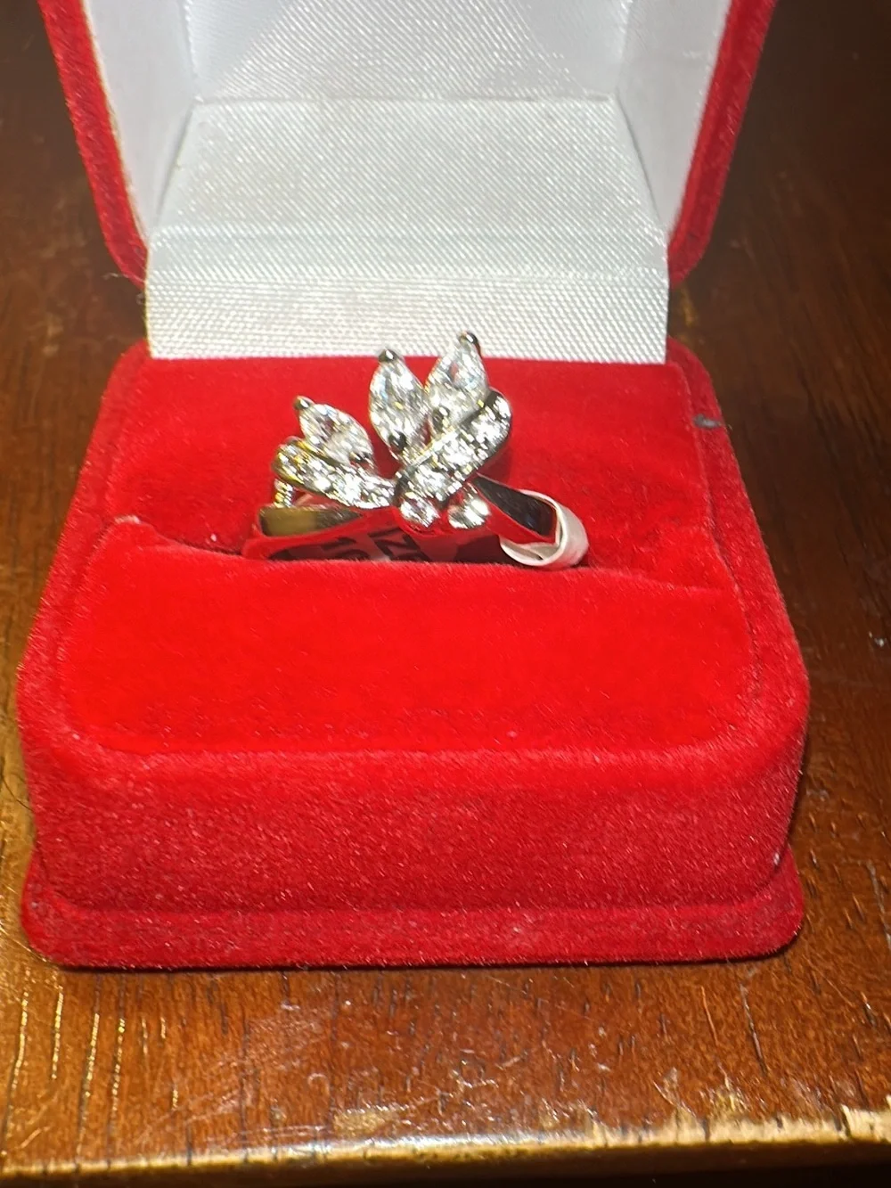 Rhodium Plated  with Cubic Zirconia Silver Crystal Leaf Ring - Clear Sparkle